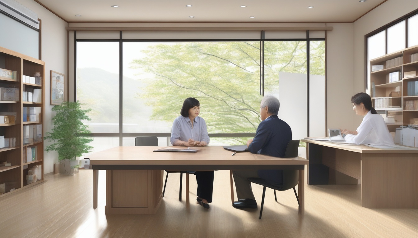 自治体窓口で空き家の相談をする夫婦と職員