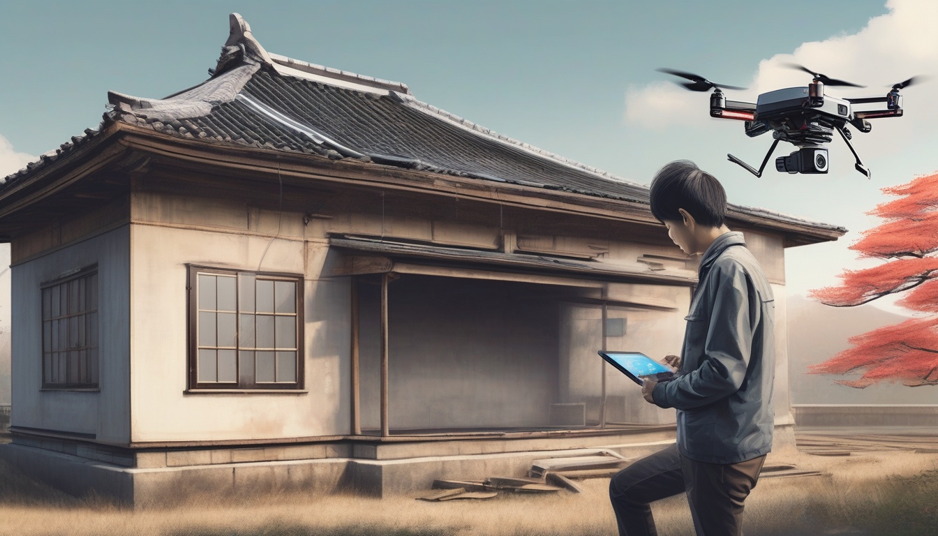 ドローンとタブレットで空き家を点検する調査員