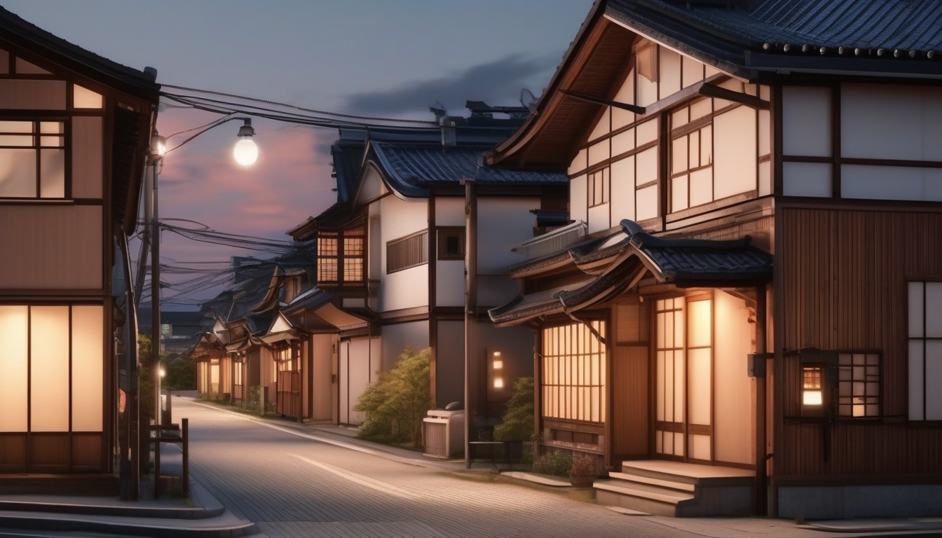 夕暮れの再生された町並みと省エネ住宅