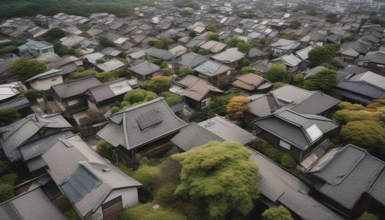 空き家が点在する日本の住宅地の航空写真