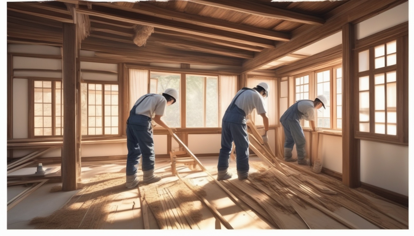 古民家の内装を改修する大工の作業風景